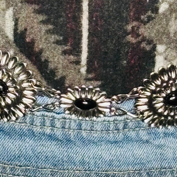 Upcycled Custom Light Blue jean jacket beautiful Aztec pink gray black w.Conco S - Picture 3 of 3